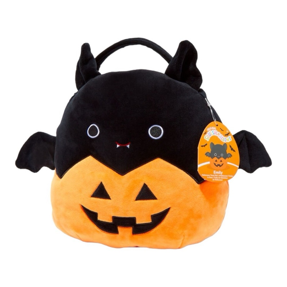 Squishmallows Emily Black Bat Halloween Plush Treat Pail,Color Orange, NWT